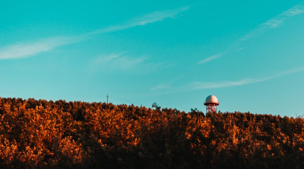 Water tower in the distance in the middle of a forest with a blue sky